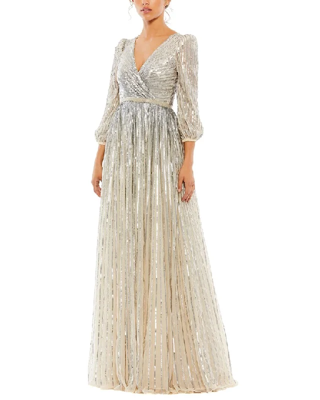 Price Blitz Mac Duggal Sequined Wrap Over 3/4 Sleeve Gown