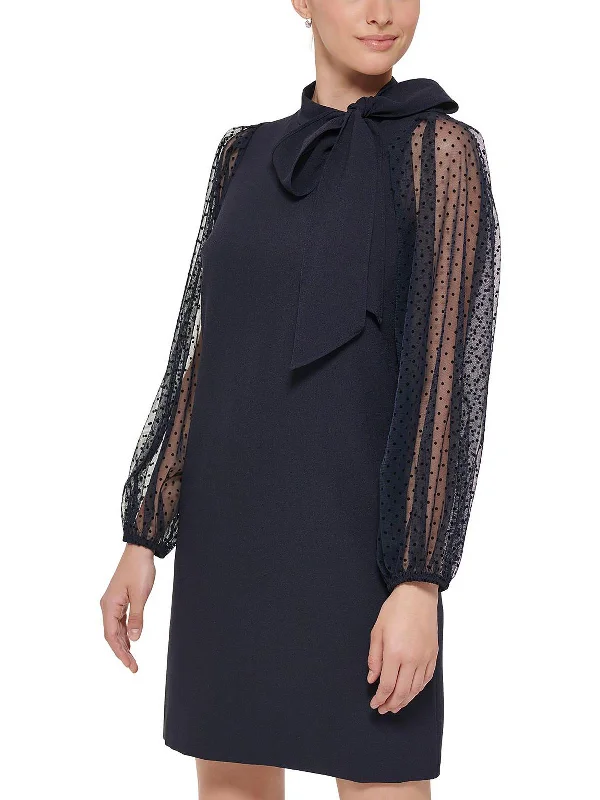 Online Only Petites Womens Tie Neck Mini Cocktail and Party Dress