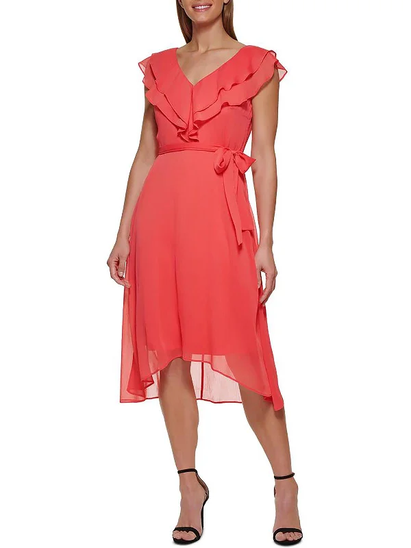 Act Now Womens Ruffled Calf Midi Dress