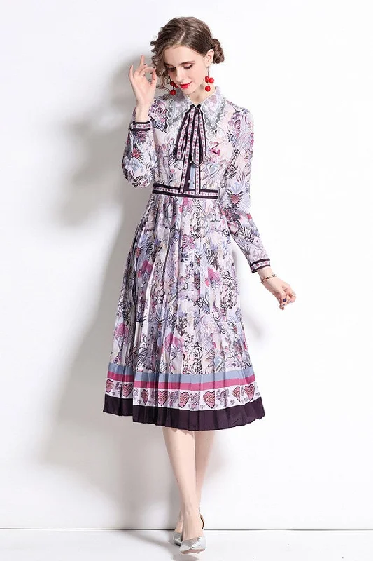Closeout Purple & Print Day A-line Peter Pan Collar Long Sleeve Midi Pleated Dress
