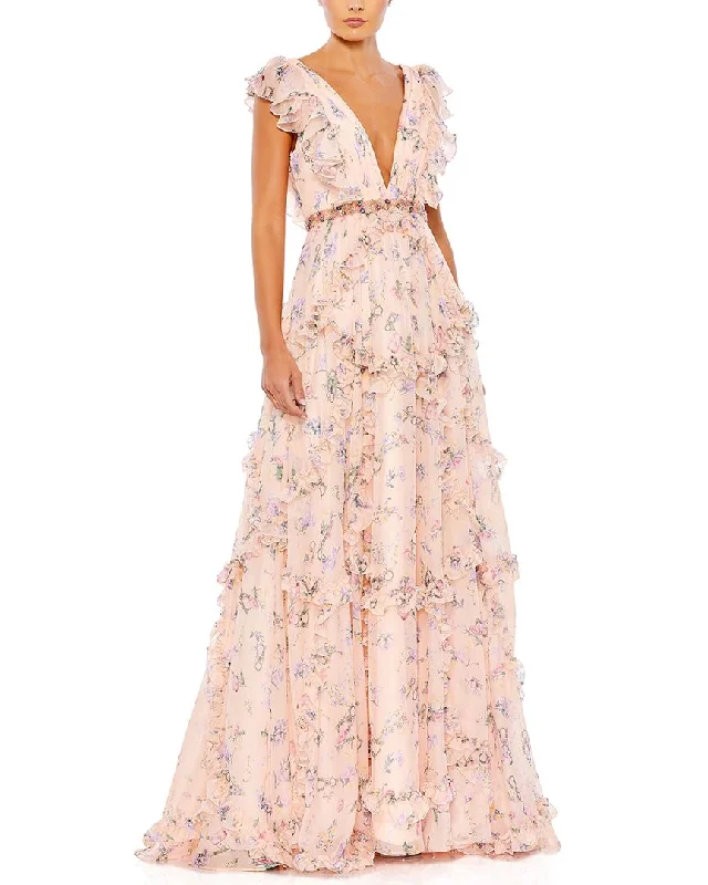 Bargain Blast Mac Duggal Ruffled Floral Print Cap Sleeve Gown