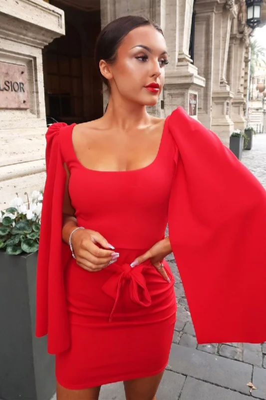 Special Price Red Cape Sleeve Bodycon Dress - Fearne