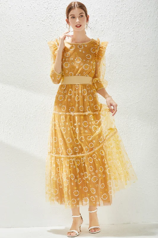 Season Finale Sale Yellow Cocktail A-line Boatneck Elbow Sleeve Tea Lace Dress