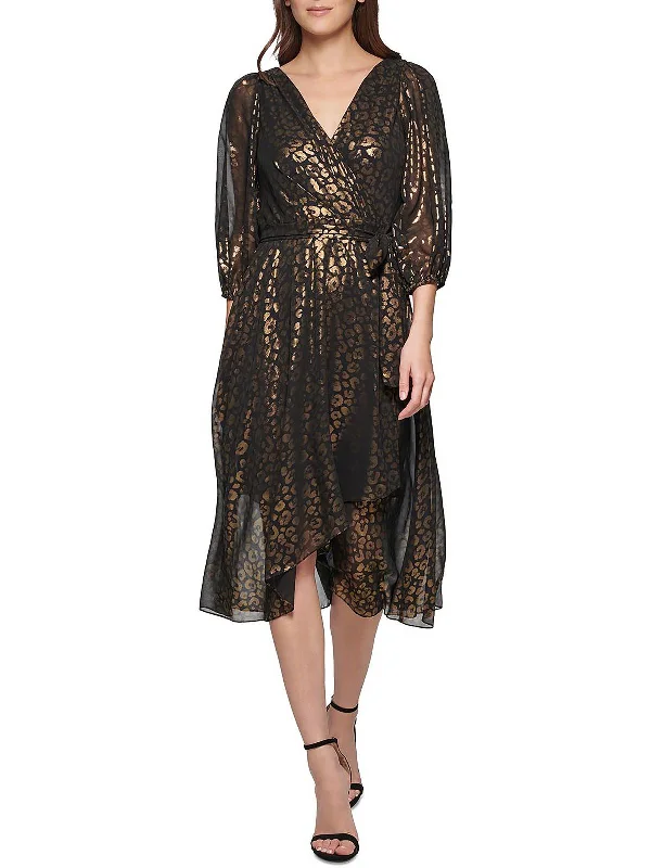 Super Deal Womens Metallic Midi Wrap Dress