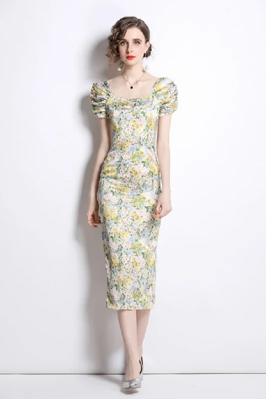 Limited Availability Multicolor Day Bodycon Squareneck Short Sleeve Maxi Dress
