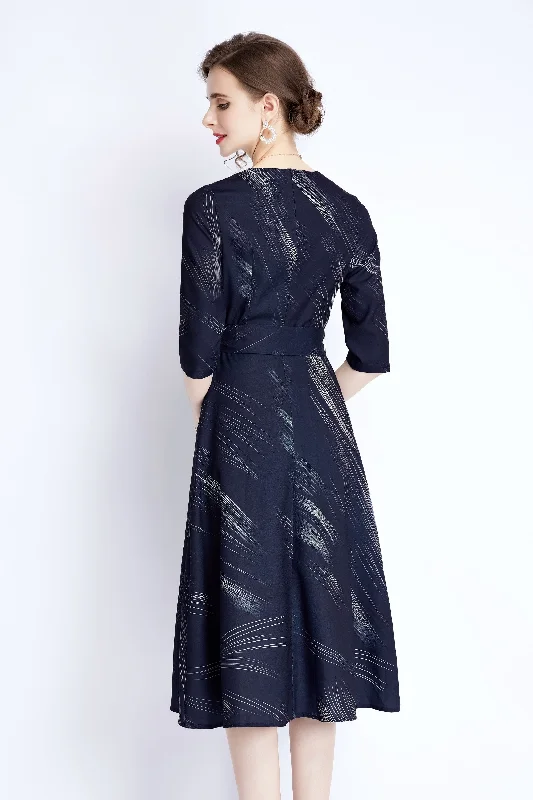 Savings Event Navy Day A-line Crewneck Elbow Sleeve Below Knee Printed Dress