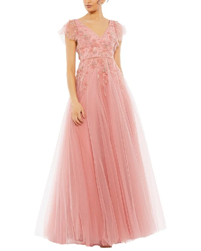 Limited Edition Mac Duggal Embellished Cap Sleeve V Neck Gown