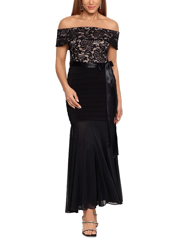 Savings Event Petites Womens Lace Off-The-Shoulder Evening Dress