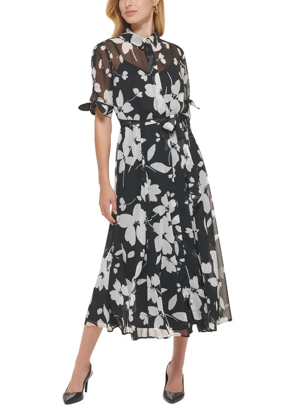 Massive Deals Petites Womens Floral Print Chiffon Shirtdress