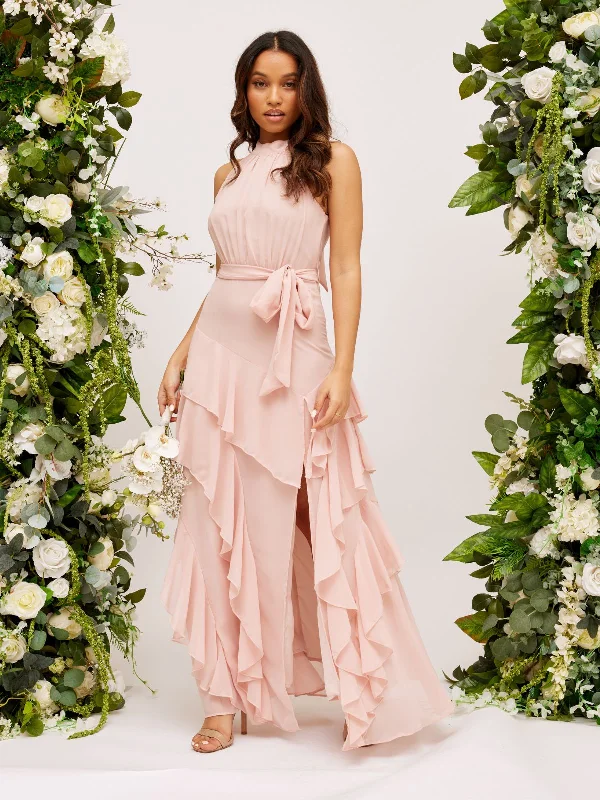 Weekend Deal Frill High Neck Maxi Chiffon Dress / Blush