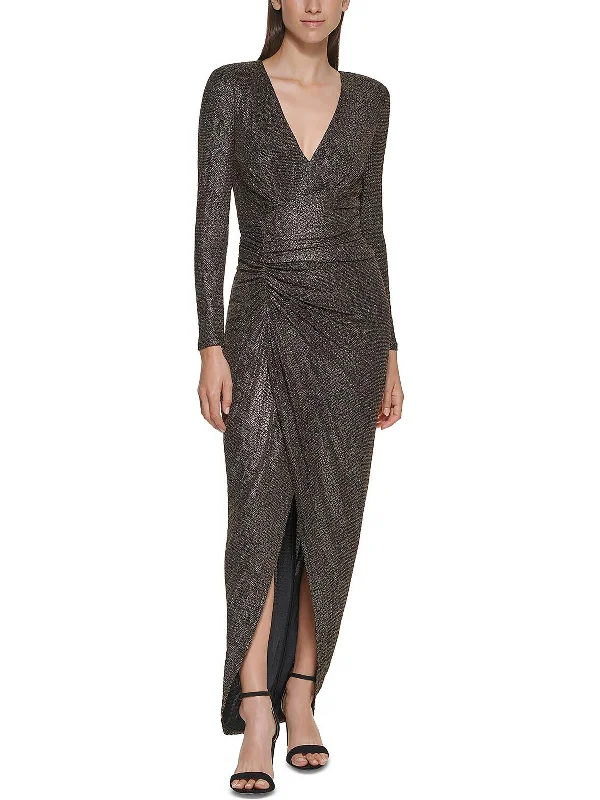 Discount Deals Petites Womens Metallic V-Neck Evening Dress