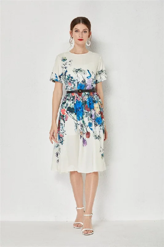 Lowest Price Black & Multicolor Print Day A-line Crewneck Short Sleeve Below Knee Dress