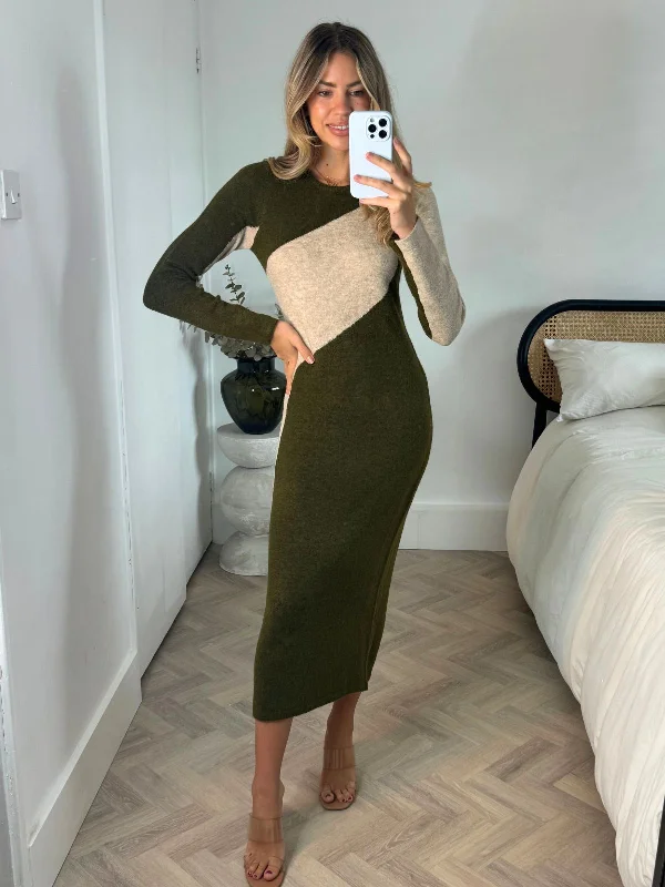 Final Clearance Brynn Knitted Colourblock Midaxi Dress in Stone & Khaki