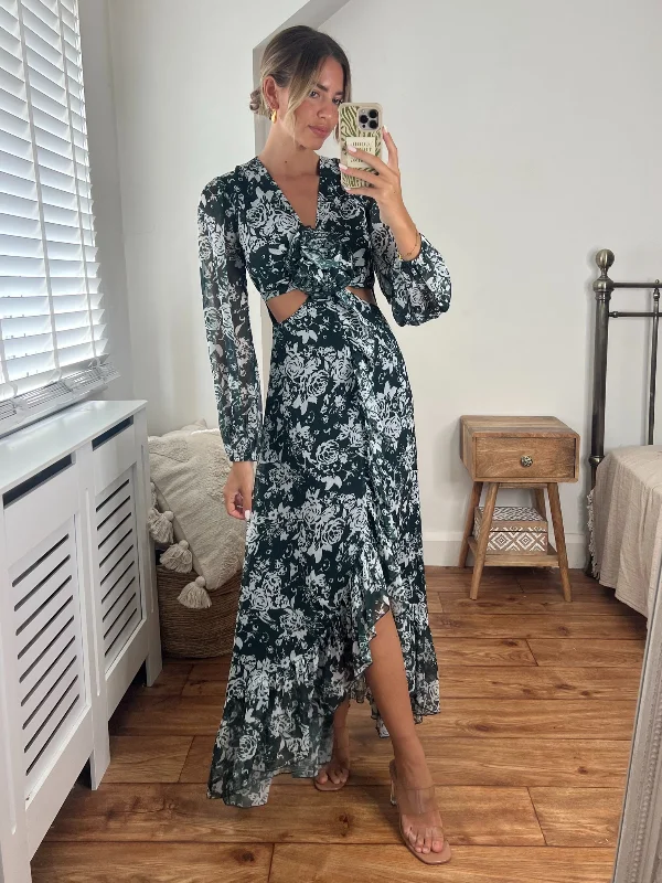 Price Smash Sasha Corsage Cut Out Maxi Dress / Green Floral