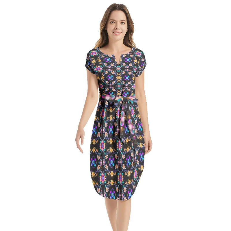 Warehouse Sale Notched Neck Belted Dress