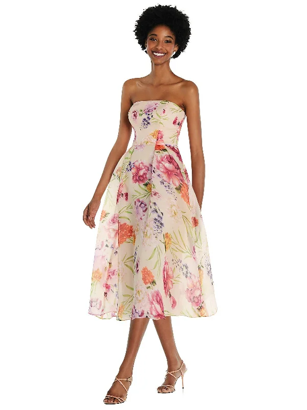 Huge Savings Strapless Pink Floral Organdy Midi Dress