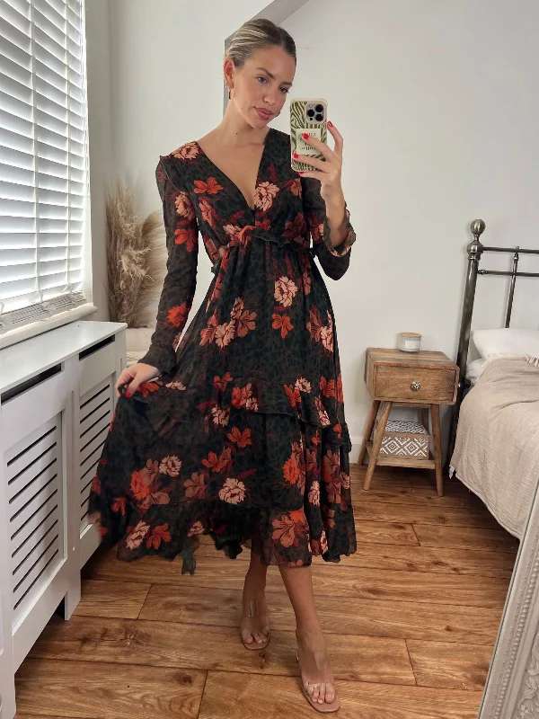 Daily Specials Birdie Frill Tie Back Dress / Orange and Khaki