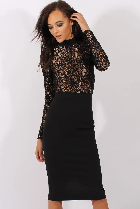 Midnight Madness Black & Gold Floral Lace Midi Dress - Izzy