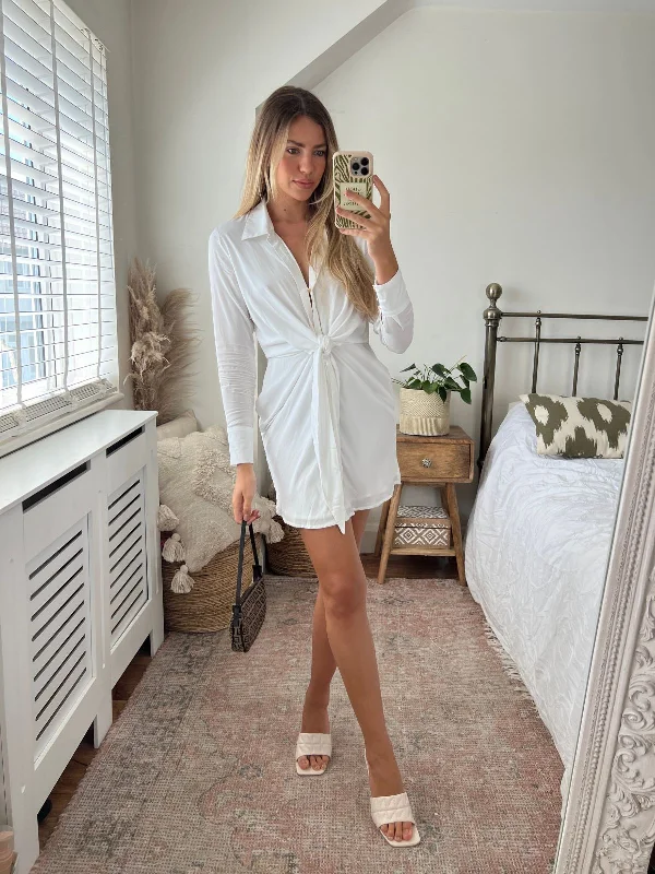 Now or Never Venus Tie Front Shirt Dress / White