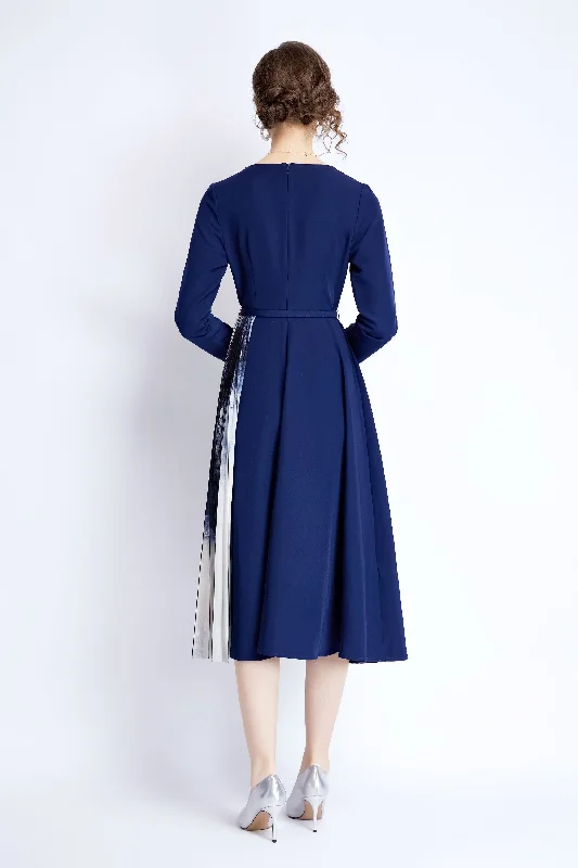 Discount Mania Blue Office A-line V-neck Long Sleeve Below Knee Dress