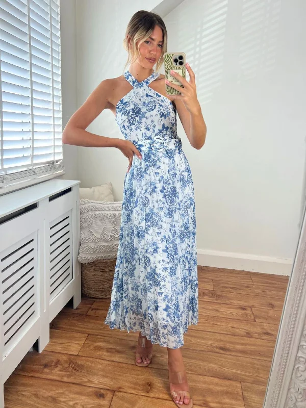 Today Only Paige Halter Pleated Belted Dress / Blue Floral