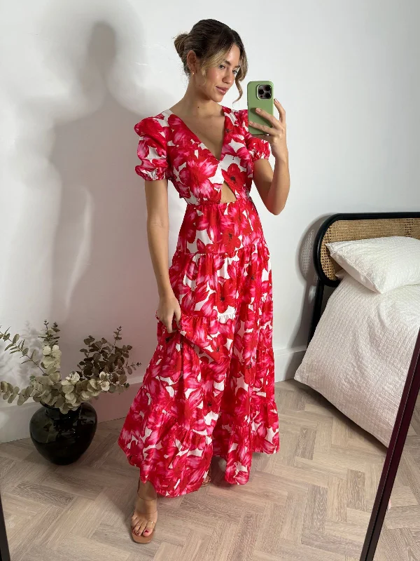 Limited Edition Zoe Tiered Cutout Maxi Dress / Red & White