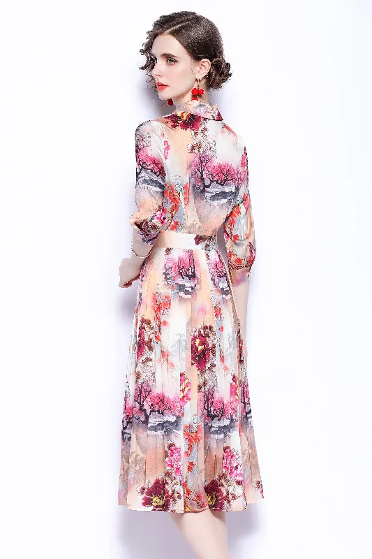 Reduced Prices Multicolor Day A-line Shirt Colar Elbow Sleeve Below Knee Printed Dress