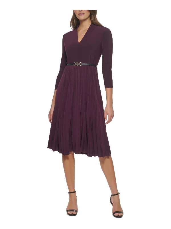Shop and Save Womens Shutter Pleat Midi Fit & Flare Dress