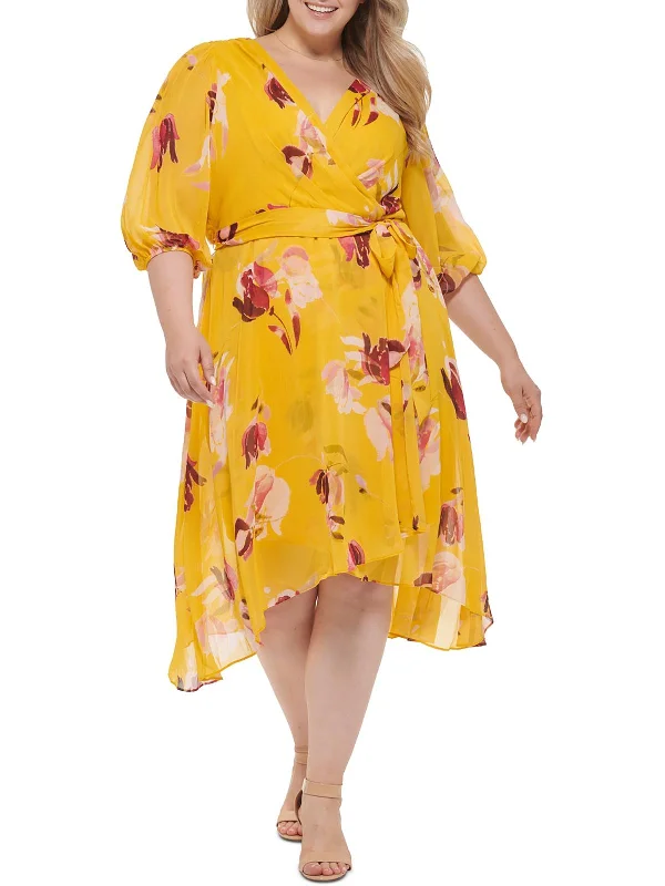 TIME-Limited Offer Plus Womens Chiffon Floral Wrap Dress
