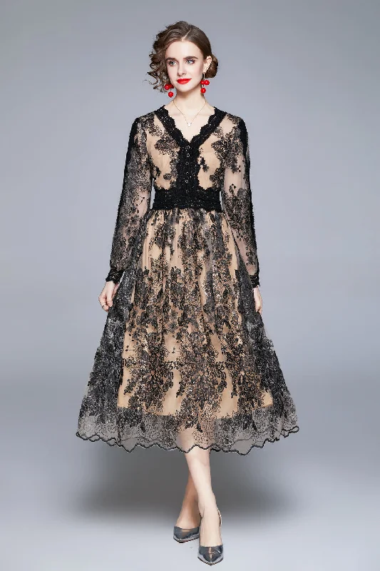 Deal Alert Black & Apricot Evening A-line V-neck Long Sleeve Midi Lace Dress