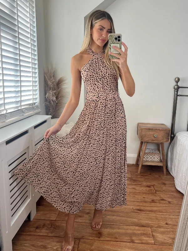 Limited Time Discount Paige Halter Pleated Belted Dress / Neutral Animal Print