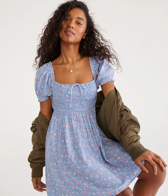 Major Savings Aeropostale Floral Square-Neck Smocked Mini Dress