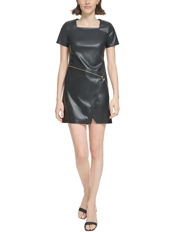 Deal of the Week Petites Womens Faux Leather Short Sheath Dress