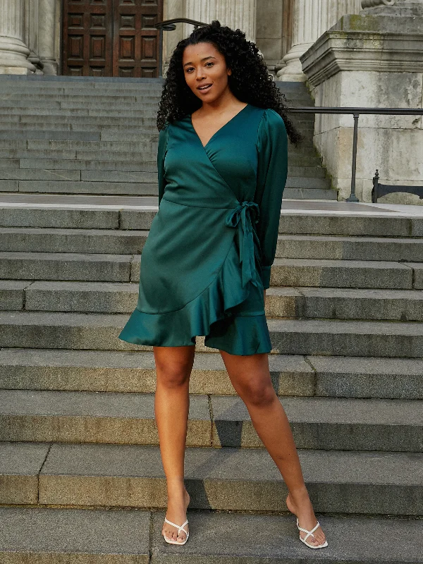Discount Mania Bobbi Wrap Satin Mini Dress / Forest Green