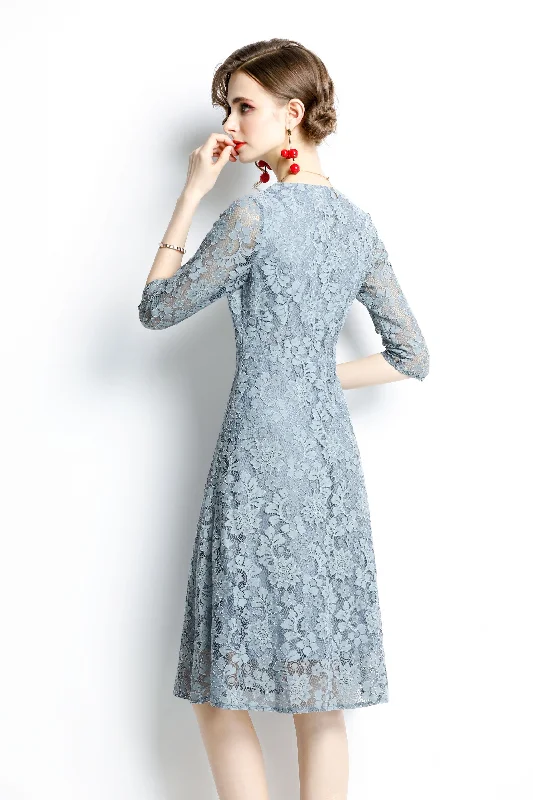 Great Deals Light blue Evening A-line V-neck Elbow Sleeve Knee Lace Dress