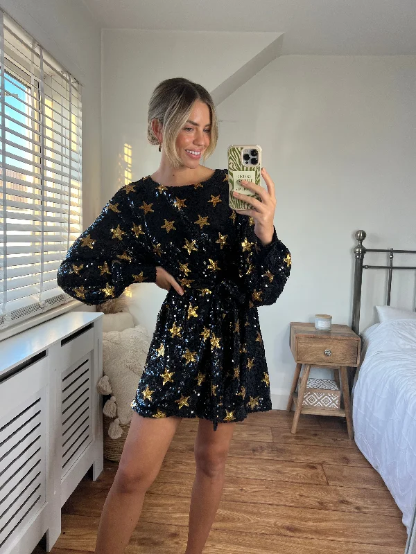 Amazing Deals Skylar Balloon Sleeve Mini Dress / Star Sequin