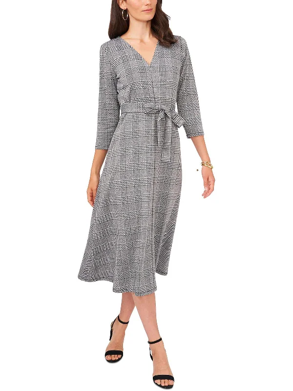 Steals and Deals Womens Plaid Print V-Neck Midi Dress