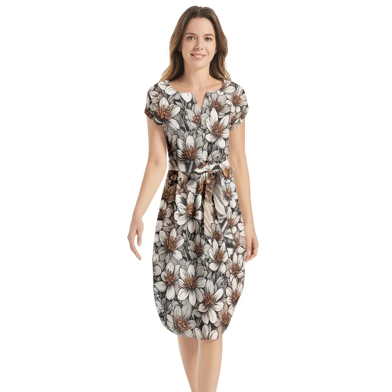 Stock Clearance Notched Neck Belted Dress