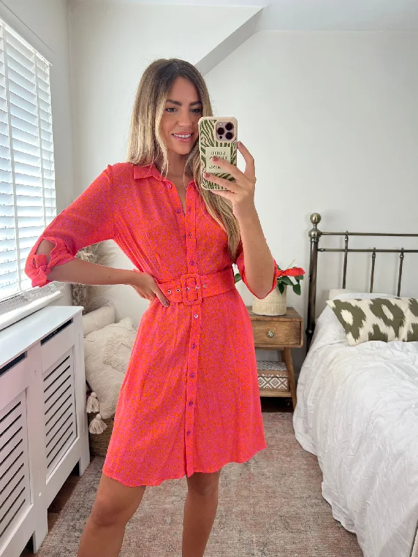 Last Chance Olivia Mini Belted Shirt Dress / Pink Animal Print