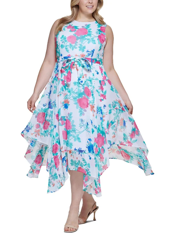 Special Price Plus Womens Floral Print High Low Midi Dress