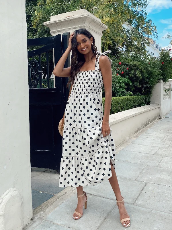 Super Savings Alexia Shirred Tie Strap Midi Dress / Stone And Black Spot