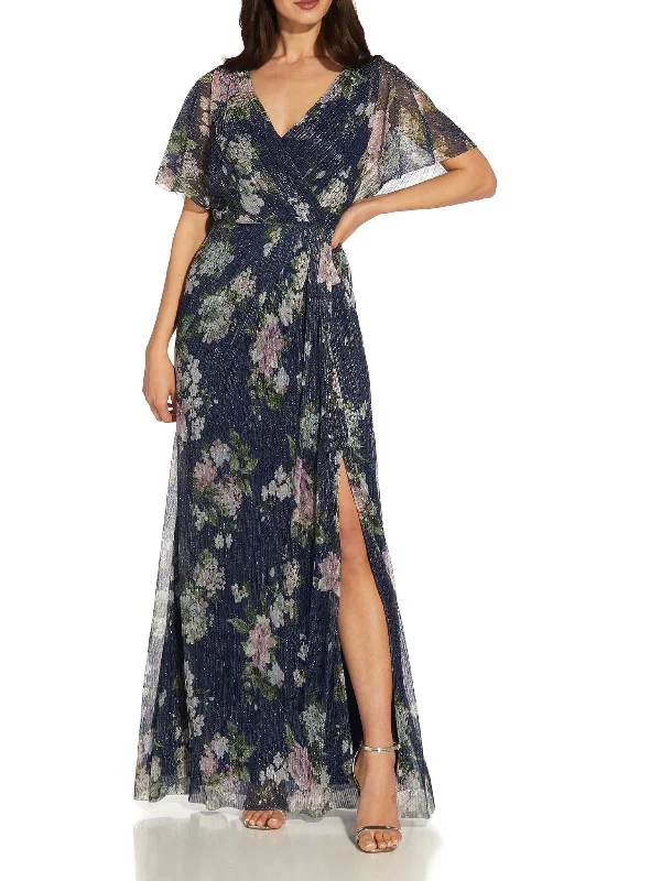 Now or Never Womens Metallic Floral Evening Dress