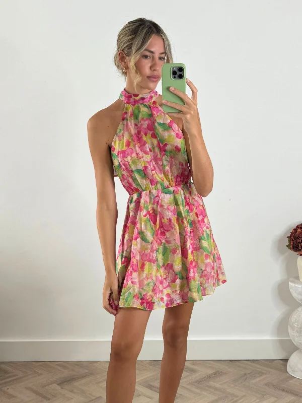 Final Clearance Raye High Neck Mini Dress in Multi Floral