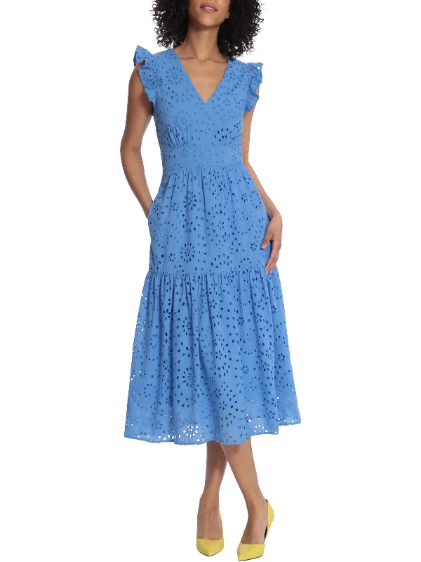 Friends and Family Sale Womens Eyelet V-Neck Midi Dress