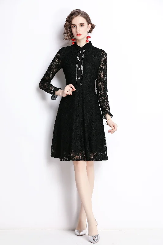 Early Access Black Cocktail A-line Crewneck Long Sleeve Above Knee Lace Dress