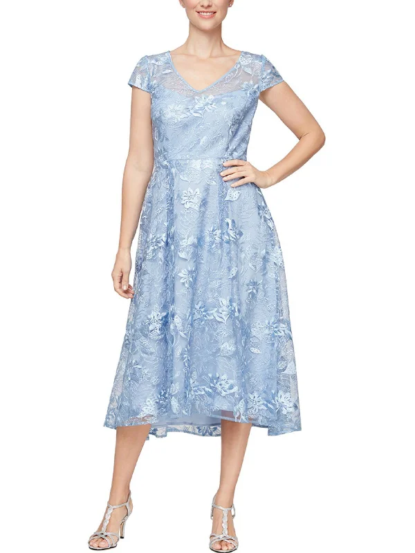 One-DAY Sale Womens Lace Overlay Mid Calf Evening Dress