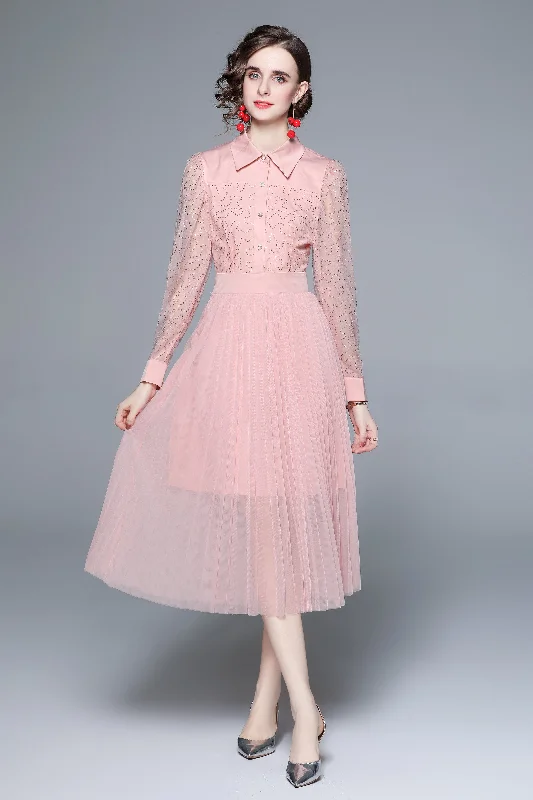 Price Reduction Pink Cocktail A-line Shirt Colar Long Sleeve Pleated Midi Dress
