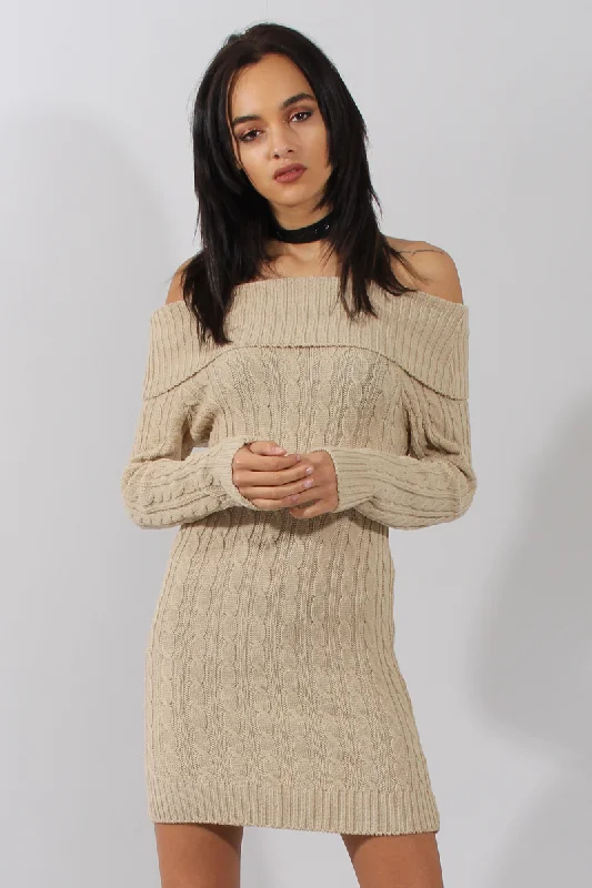 Extra Savings Beige Cable Knit Bardot Dress - Peeta