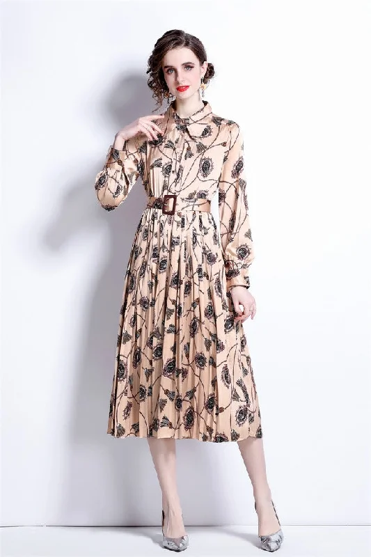 Take Advantage Apricot & Print Day A-line Long Sleeve Below Knee Dress