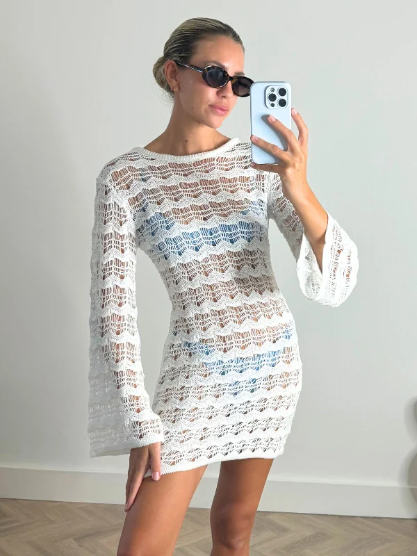 Clearance Event NEW FIT Ocean Long Sleeve Lace Back Mini dress / White
